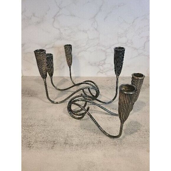 Pair Triple Light NAPIER Fluted Silverplate Candle Holders Mid-Century MOD EUC - Picture 2 of 16